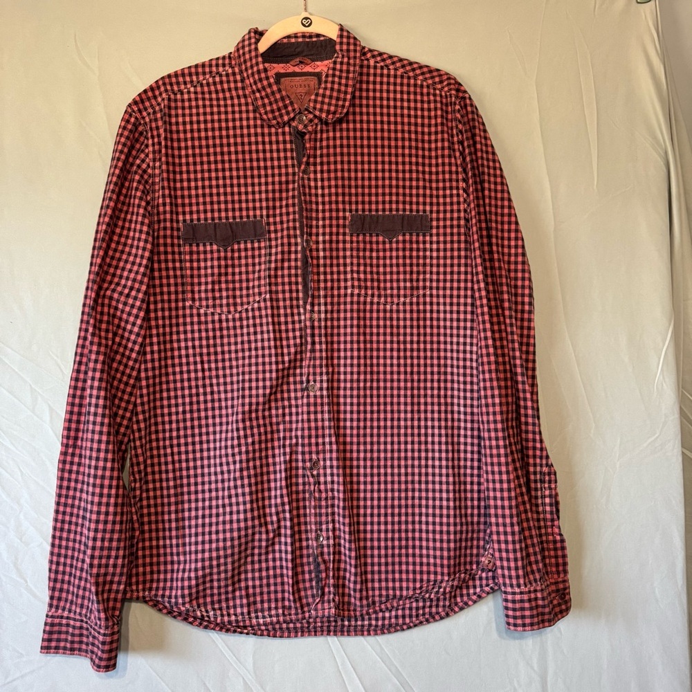 Guess Mens Red Black Checkered Long Sleeve Button Up Shirt Size L Office Event